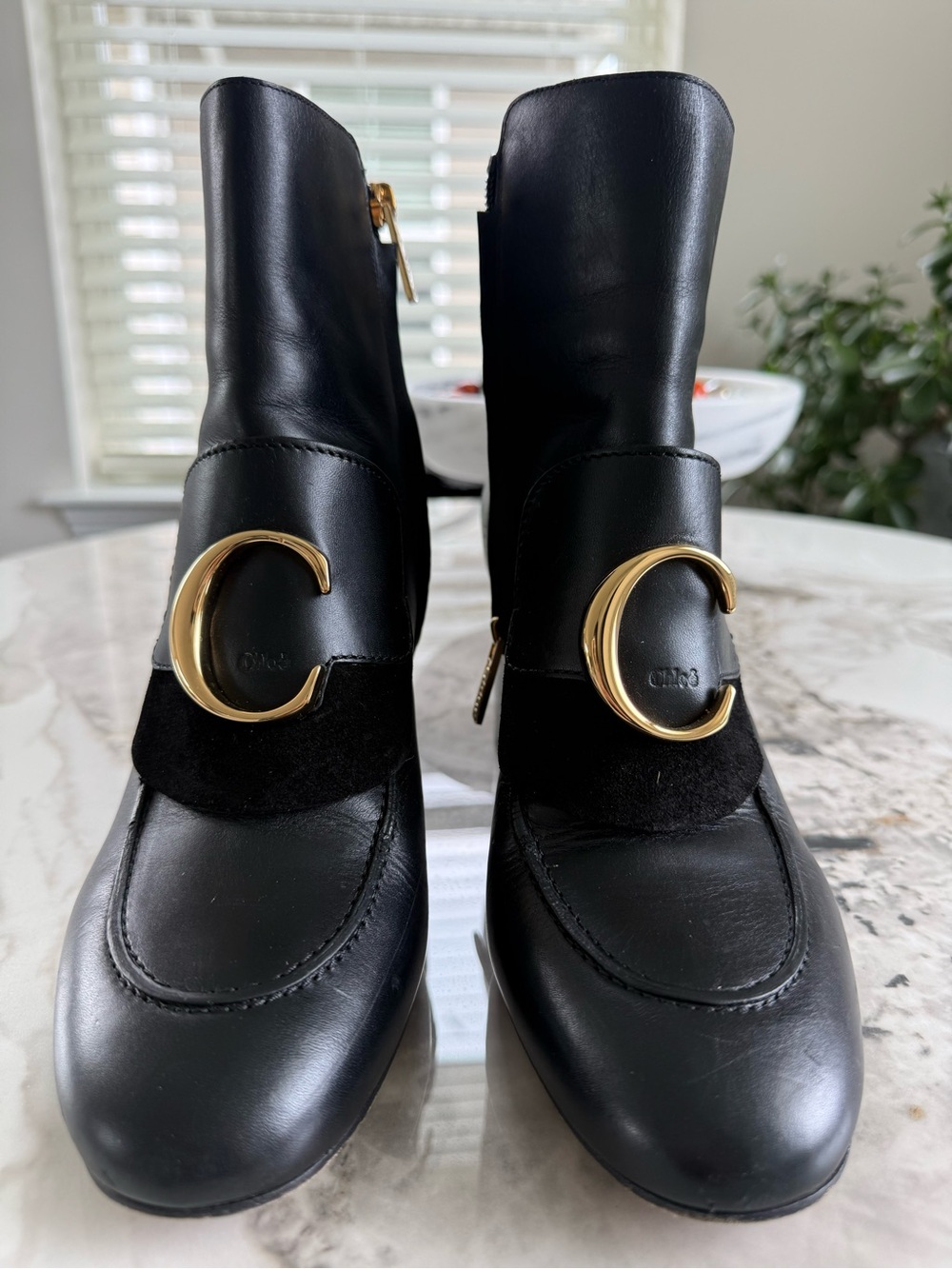 Chloe Black Leather & Suede Ankle Booties with Gold C Hardware